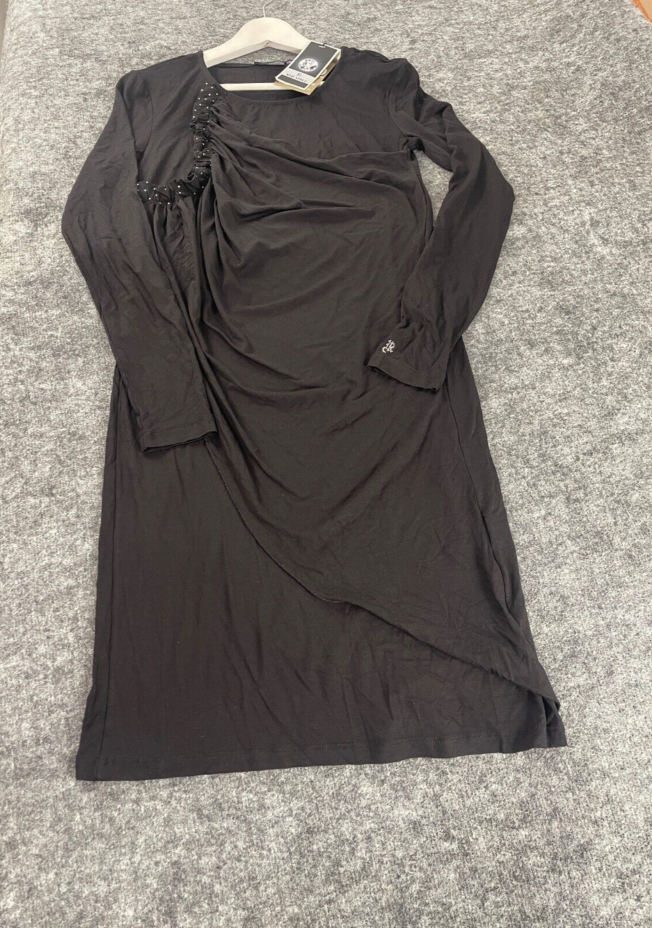 Red Apple Shift Dress Womens Large Beaded Long Sleeve Black Ruffle N336
